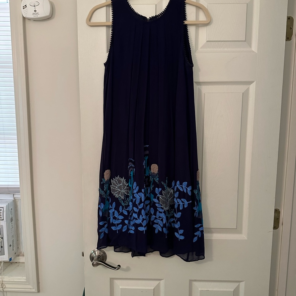Not So Serious Navy Blue Swing Dress with Blue Floral Beading